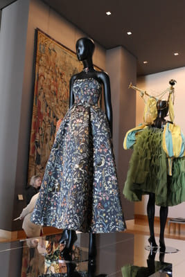 a strapless tapestry pattern dress in front of a green puffy dress on mannequin