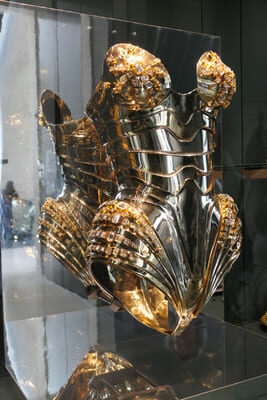a metal body suit in glass case