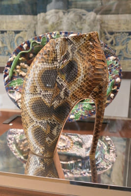 an exaggerated heeled shoe in snakeskin